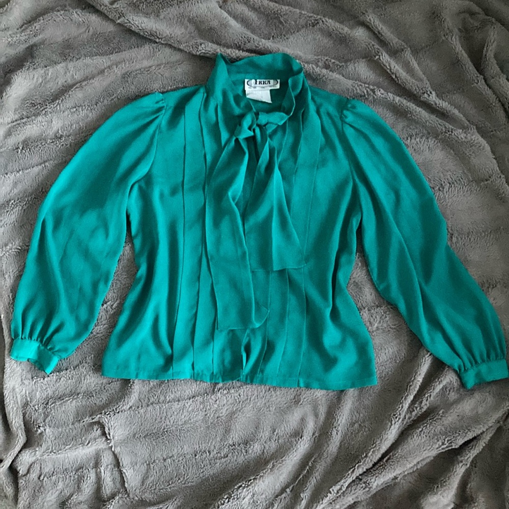 Vintage Irka Blouse with Bow tie Front Size medium teal green